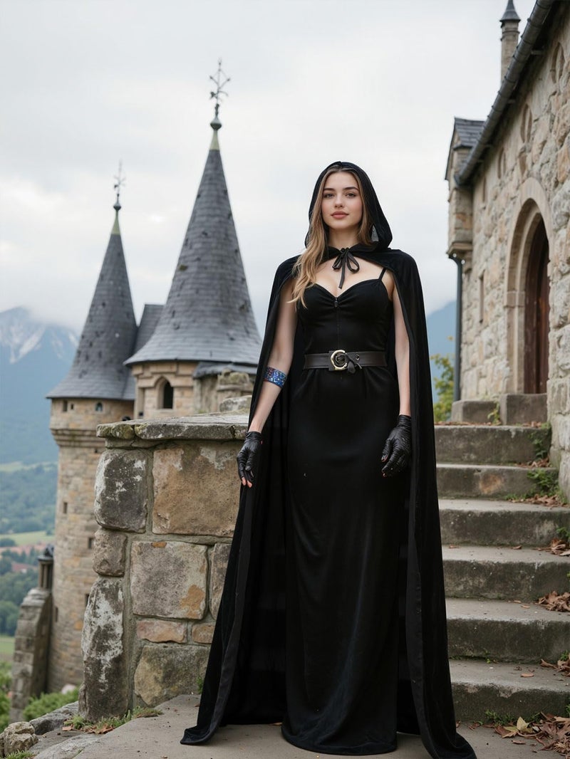 HOMELEX Black Witch Velvet Cloak Halloween Hooded Cape Queen King Robe Outfit Renaissance Medieval Costume - Image 4